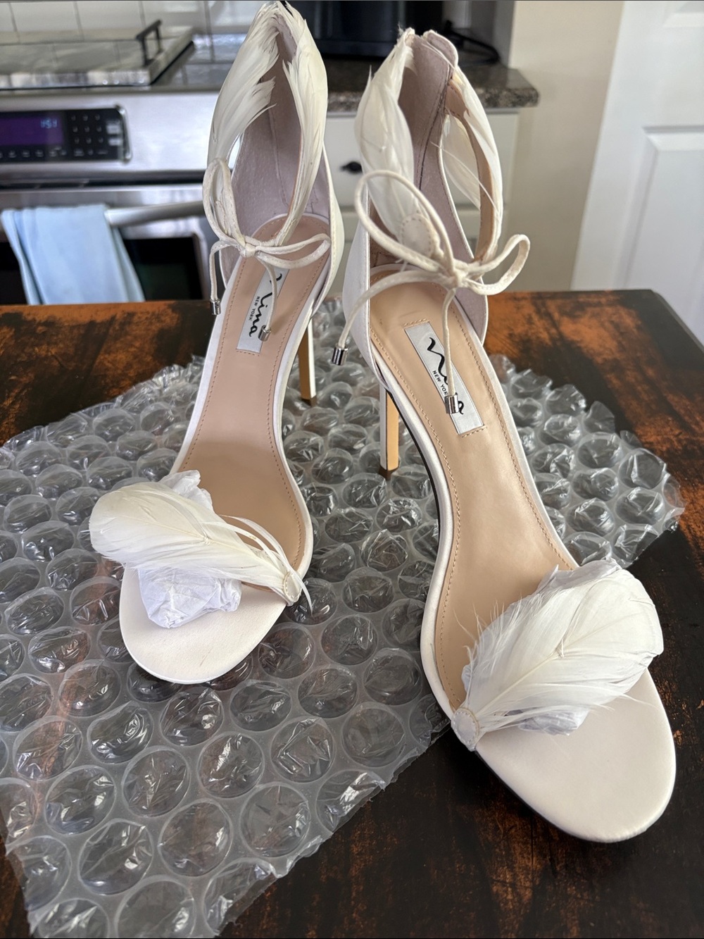 Nina Ivory Feather Ankle-Tie Stiletto Sandals